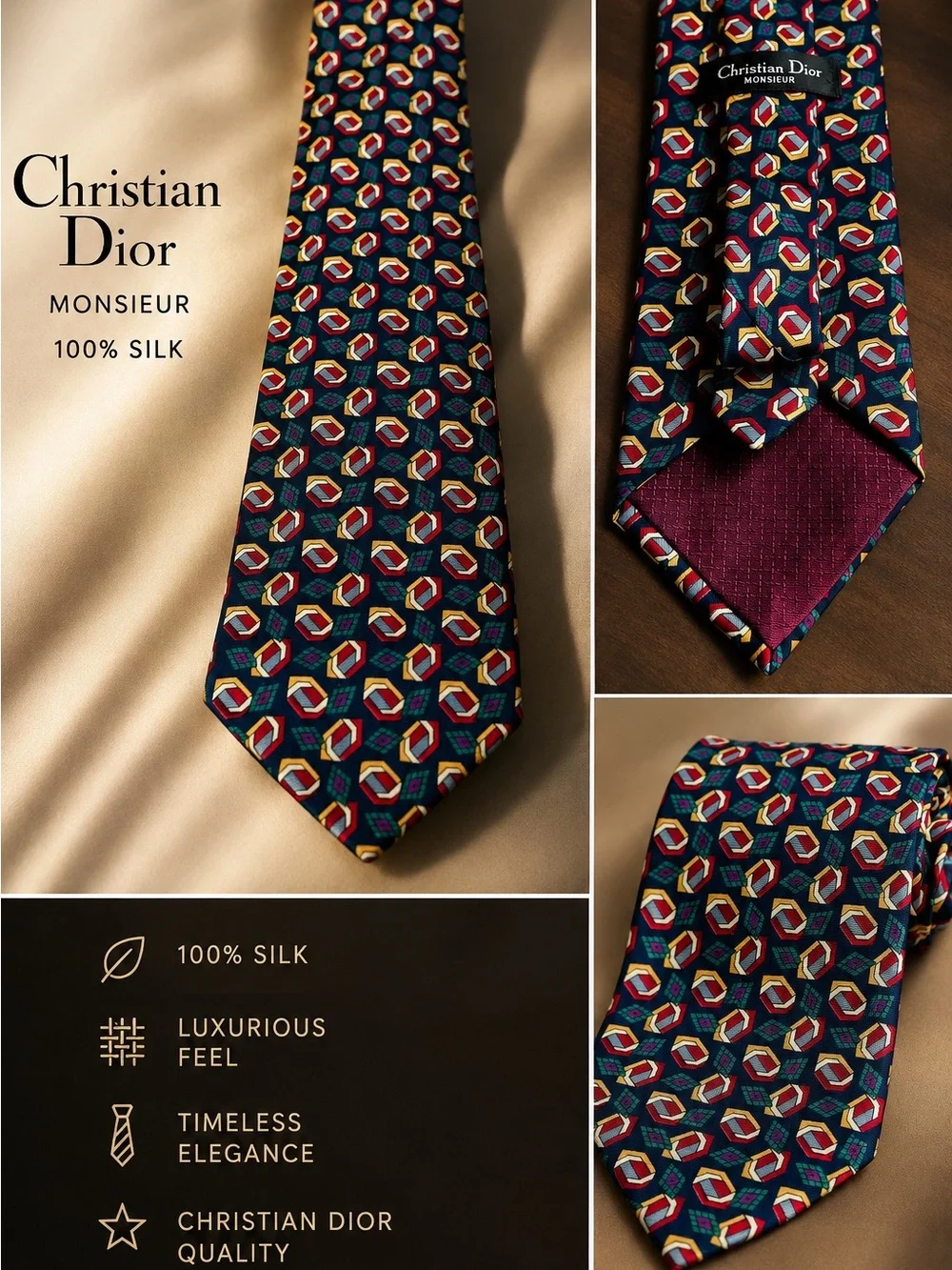 Dior Multi-Color Geometric Silk Tie on Navy